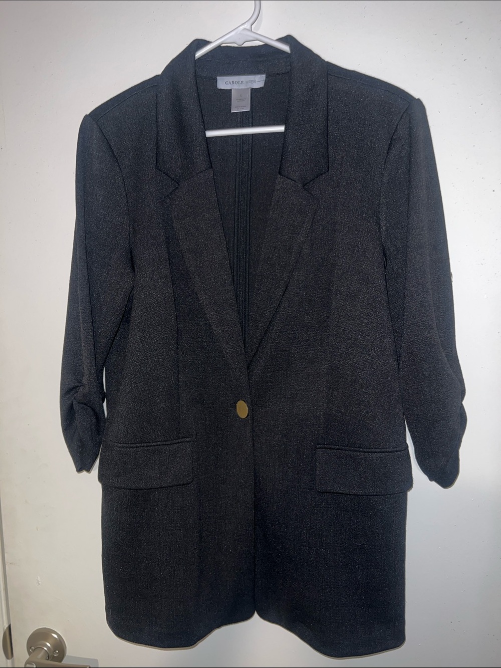 Carole Wren Black Single-Button Longline Blazer with Gold Button
